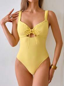 Swim Mod Springbreak 女士夏季海滩度假浅黄色吊带镂空蝴蝶结可爱连体泳衣 - 黃色 - 查看 2