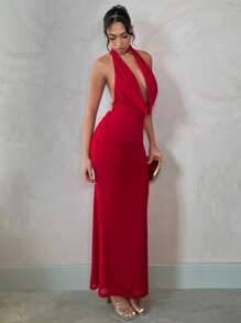 SHEIN BAE Elegant Solid Color Red Halter Backless Dress, Suitable For Vacation, Party, Romantic Date, Gathering With Friends, Cocktail Party - Red - View 5