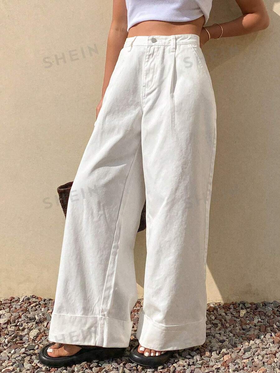 Livesso Jeans de mezclilla casual y holgados de unicolor para mujer, nueva llegada de primavera - Blanco - Ver 1