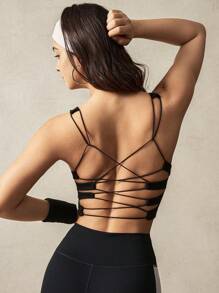 VARSITIE Tight Cross Back Solid Women Backless Sports Spaghetti Strap Bras Top - Black - View 7