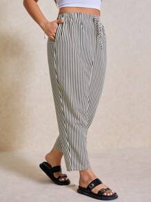 Elaquor Quần sọc đen trắng tối giản thường ngày cỡ lớn, phù hợp với mọi mùa - Đen và trắng - Xem 4