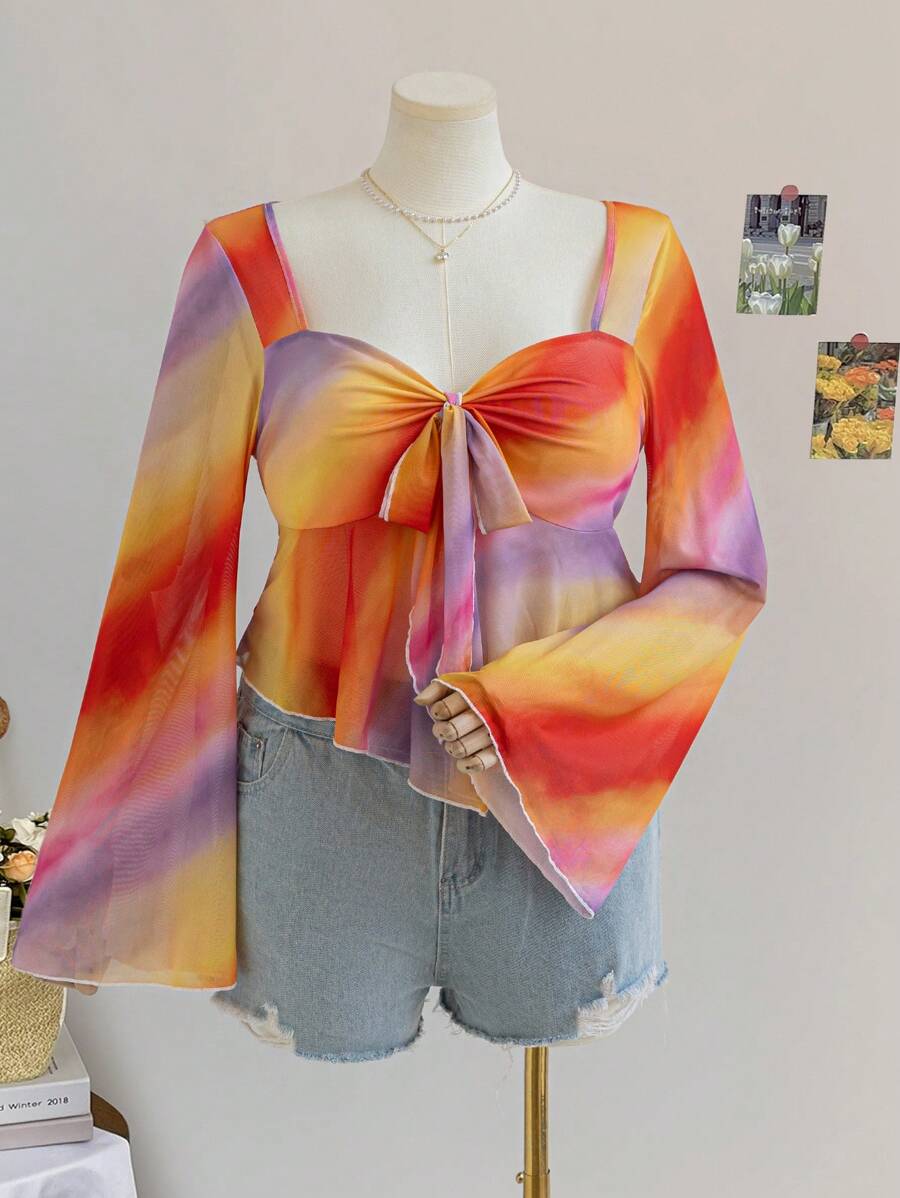 Soleia Plus Size Women Back To School Vacation Tie-Dye Rainbow Print Babydoll Blouse, Casual Long Sleeve Shirt, Summer Outfits - Multicolor - View 1