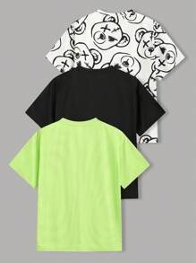 SHEIN Leap Crew 3pcs/Set Teenage Boys Casual Bear Print Short Sleeve T-Shirts - Green - View 2