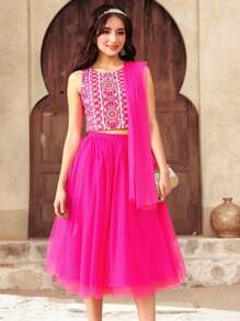 SHEIN Teen Girls Spring/Summer Pattern Print Sleeveless Top & Multi-Layer Tulle Skirt Set, And Elegant, Teen Girl Girls Dresses, Girls Outfit Sets - Hot Pink - View 2