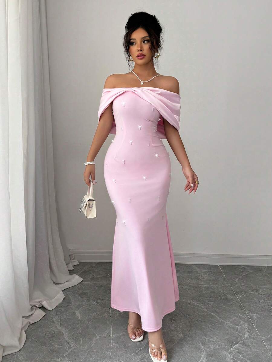 Rafferiza Women's Satin Dress With Large Bow Decor Bustier - Baby Pink - View 1