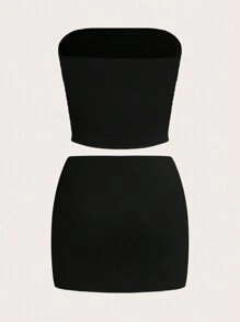 SHEIN EZwear 2 pièces Femmes Décontracté Sexy Ensemble Top Bandeau Froncé Et Mini-Jupe à Taille Basse Col V
