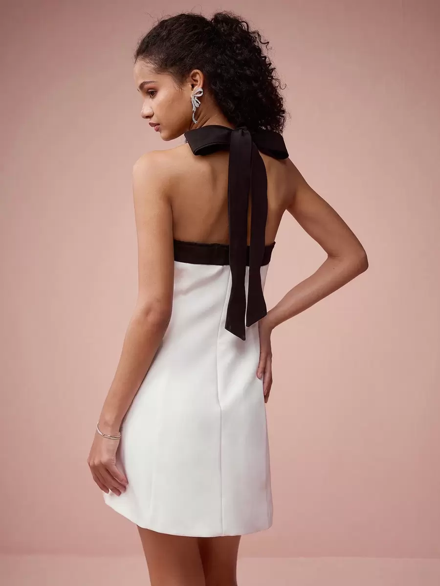 Enchnt Váy ngắn không tay thắt nơ màu trắng đen tương phản thời trang mùa xuân/hè lãng mạn cho nữ, dễ thương, ngọt ngào và gợi cảm cho ngày lễ tình nhân, sinh nhật, tiệc ngày lễ, đêm hẹn hò ngọt ngào và đi làm hàng ngày - trắng - Xem 1