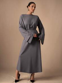 EURMUSE Elegant Commuter Simplistic Solid Color Bell Sleeve Long Dress - Dark Grey - View 4