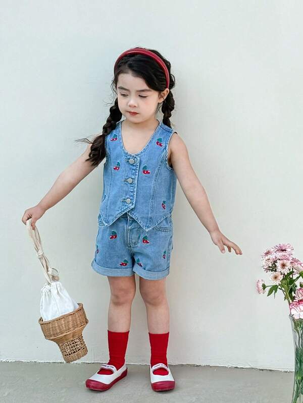 Young Girls Fashion Casual Cute Academy Cherry Embroidered 2 Pieces Denim Set - Elastic Waist Button Front Pants With Cuffs, Washed Denim Vest