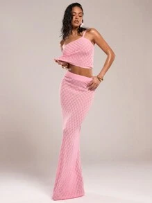 SHEIN BAE Women's Solid Color Elastic Waist Hollow Long Knit Skirt