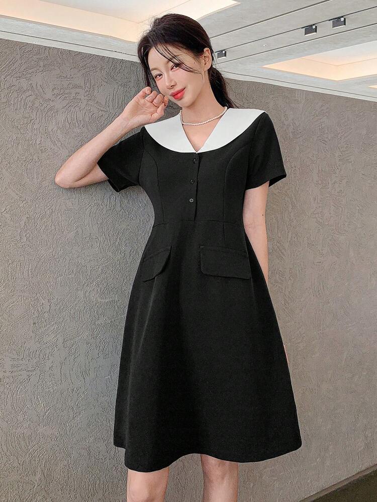 Sommerneu Vintage-Stil Farbblock Kurzarm Kleid, Frauen ästhetisches Mädchen Outfit Sommerkleid