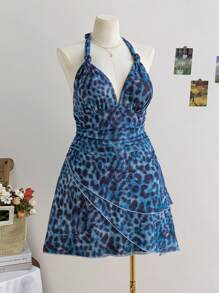 Soleia Vestido de vacaciones/vuelta al colegio con estampado floral y de leopardo, escote halter y espalda descubierta para mujer talla grande, otoño temprano