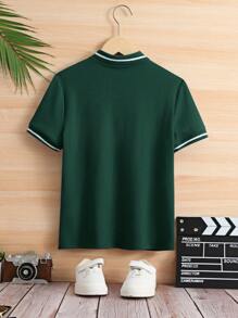 SHEIN Tween Boys' Collared Solid Color Short Sleeve Polo Shirt - Green - View 2