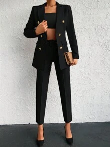 EURMUSE Solid Colored Double Breasted Coat And Pants Suit - Black - View 4