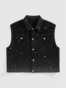 ROMWE MEN Street Life Spring/Summer Casual Men'S Rhinestone Decor Front Button Sleeveless Pocket Casual Denim Top - Black - View 4