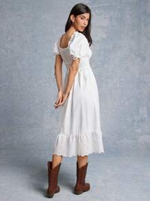 WESTFADE 混合媒体编织与孔眼方领蝴蝶结前褶饰腰部短款泡泡袖荷叶边中长连衣裙海滩度假