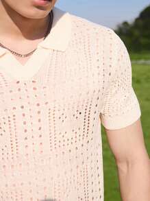 Manfinity CasualKnits Men's Solid Color Polo Collar Short Sleeve Simple Hollow Out Casual Hollow Out Loose Knit Top Men Crochet Shirt, Suitable For Summer - Multicolor - View 3