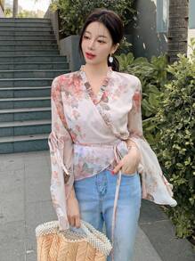 DAZY Spring New Casual Plant Print With Bowknot Decor Women Blouse, Valentine's Day,Ruffle - Pink - View 2