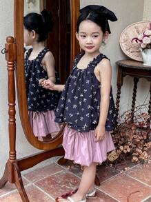 DAZY 2pcs/Set Young Girl Vacation Casual Ditsy Floral Print Vest And Skirt Set,Girls Summer Outfits - Black - View 5