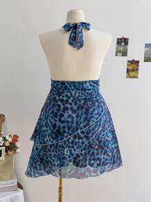 Soleia Vestido de vacaciones/vuelta al colegio con estampado floral y de leopardo, escote halter y espalda descubierta para mujer talla grande, otoño temprano