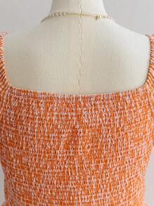 Dreamara Women Plus Size Orange & White Plaid Ruffle Puff Sleeve Casual Holiday Square Neck Jumpsuit, Summer - Orange - View 7