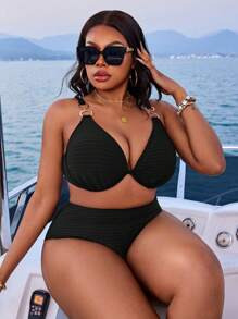 Swim SXY Plus Size Women 2 Pieces Solid Color Ribbed Fabric Underwire Bikini Set, Sexy & Casual, For Summer Beach Vacation