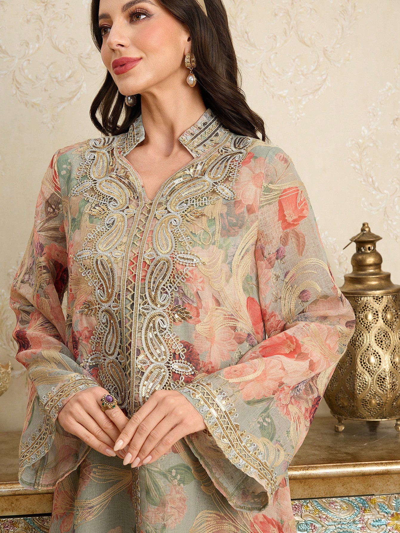 Al Najma فستان جلابية عربي طويل وأنيق بياقة عالية...