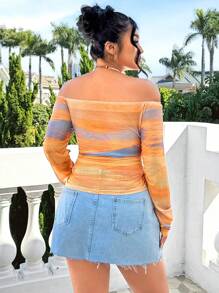 SHEIN EZwear Blouse femme grande taille à épaules dénudées, imprimé romantique tie-dye, pour le printemps - Multicolore - Voir 2