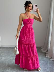 Elenzga Women's Elegant Solid Color 3D Floral Backless Halter Dress