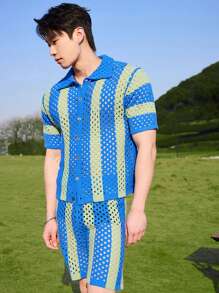 Manfinity CasualKnits Men's Knitted Set, Short Sleeve Top And Shorts, Minimalist, Fashion, Casual Everyday