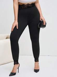 SHEIN Clasi Leggings noirs patchwork en dentelle à taille élastique pour femmes grandes tailles, tenues de sortie, Saint-Valentin, été/printemps, vintage, vêtements de travail pour femmes, style Old Money