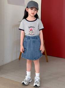 DAZY 2pcs/Set Young Girl Casual Simple Short Sleeve T-Shirt And Shorts,Girls Summer Outfits - Grey - View 5