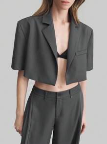 Ontre 2025 Women's Grey Cropped Short Sleeve Blazer, Cropped Design Highlights Leg Length, Versatile Blazer For Spring/Summer, Urban Casual, Commuting