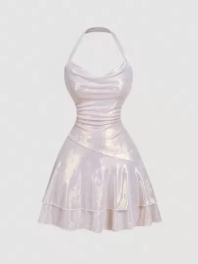 SHEIN MOD 女士纯色露肩短款迷你连衣裙、情人节服装、春季女士服装、狂欢节服装、春季连衣裙、单身女郎服装、音乐会、银色、白色毕业礼服