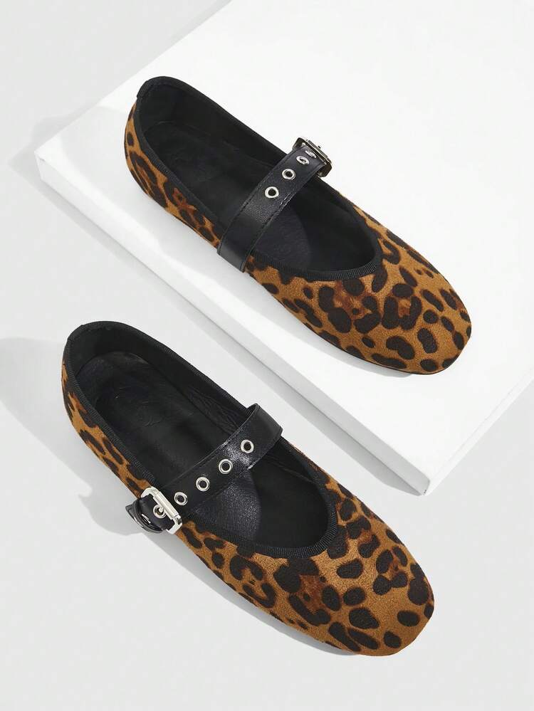 CUCCOO GRLICON Women's Round Toe Metal Decor Leopard Print Mary Jane Flats, Punk Ballet Style, Unisex, Suitable For Casual, Holiday, Summer Wear