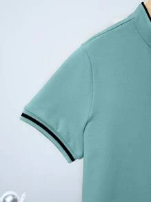 SHEIN Tween Boy's Varsity Collar Pattern Knit Short Sleeve Polo Shirt