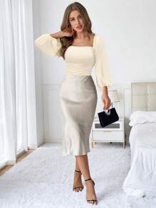 SHEIN Privé Áo thun nữ cổ vuông tay loe xếp ly màu trơn dáng ôm - Màu be - Xem 5