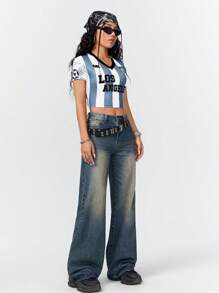 SHEIN EZwear Women's Sport Letter Striped Print Cropped Slim Fit Football T-Shirt