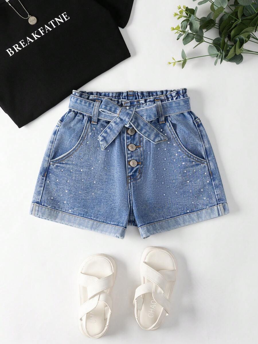 Tween Girl' New Fashionable Denim Shorts With Ruffled Waist And Rhinestone Design