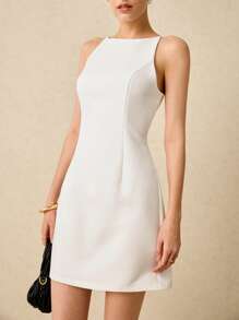 Poéselle Abito corto elegante da donna in tinta unita, senza maniche, adatto per occasioni formali, matrimoni, lauree, abbigliamento casual da lavoro - Bianco - Visualizzare 6