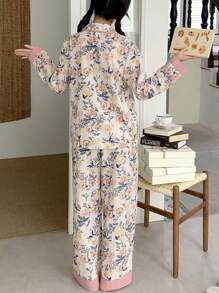 SHEIN Teenager Mädchen Retro Blume Muster Hemdkragen Knopfverschluss Brusttasche Langarm Oberteil und weite Hose Lose Lässig Pyjama Set, 2 Teile - Ramadan Stil lose Blume Muster Langarm Loungewear - Aprikosenfarben - Übersicht 2