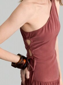 Ontre 女士纯色单肩无袖侧系带休闲连衣裙 - 紅色 - 查看 7