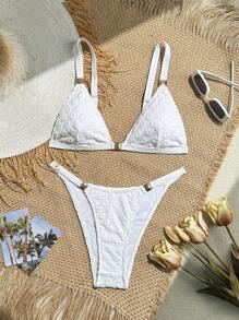 SHEIN Swim Zomer Dames Effen Kleur Getextureerde Stof Halter Metalen Blok Decor Sexy Mode Bikini Badmode