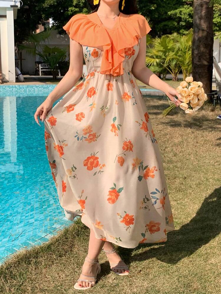 New Summer Beach Vacation Stunning Ruffle Hem Orange Ditsy Floral Dress, Unique Design Elegant Long Dress For Ladies Dress Boho