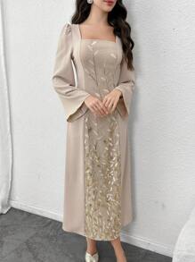 Modelyn Sequin Mesh Casual Dress, Minimalist & Fashionable For Daily Wear - Apricot - View 6