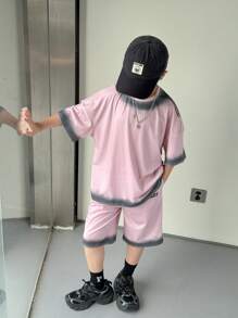 SHEIN 2pcs/Set Tween Boys' Korean Style Casual Versatile Printed Pattern Loose Fit Short Sleeve T-Shirt & Shorts Set, Suitable For School, Garden, Beach, Birthday Party, Spring, Summer, Fall, Winter - Pink - View 2