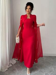 Rafferiza 2 piezas Vestido elegante rojo de mujer de tubo con tirantes de espagueti, decoración de cuentas, tren y capa desmontable - Rojo - Ver 6