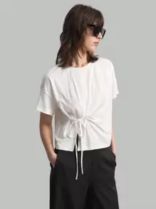 Ontre Camiseta casual de mujer blanca con cuello redondo, manga corta y cintura con lazo, ideal para vacaciones primavera 2025, abrigo casual de otoño, camiseta blanca