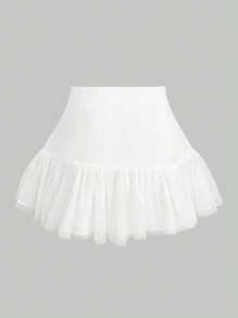 Chiquease Falda acampanada de gasa con borde de encaje, falda mini de estilo elegante para mujer