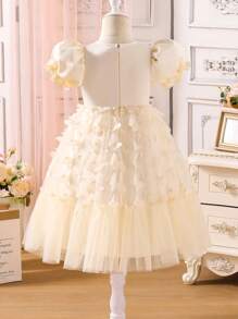 Young Girl Ruffled A-Line Jacquard Puff Sleeve Princess Dress - Apricot - View 2